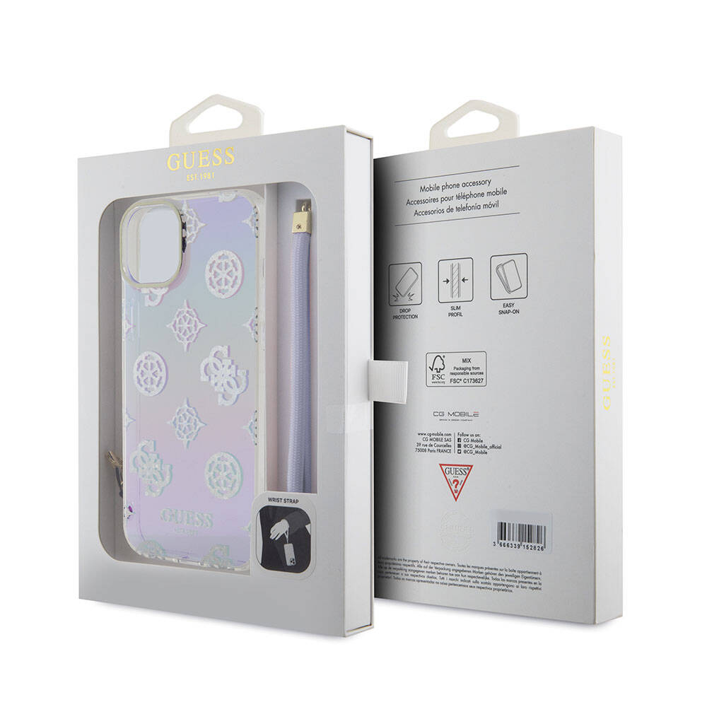 Apple iPhone 15 Plus Uyumlu Kılıf Guess Orjinal Lisanslı Desenli Yazı Logolu Askı İpli Holografik Glitter Peony Kapak - 5