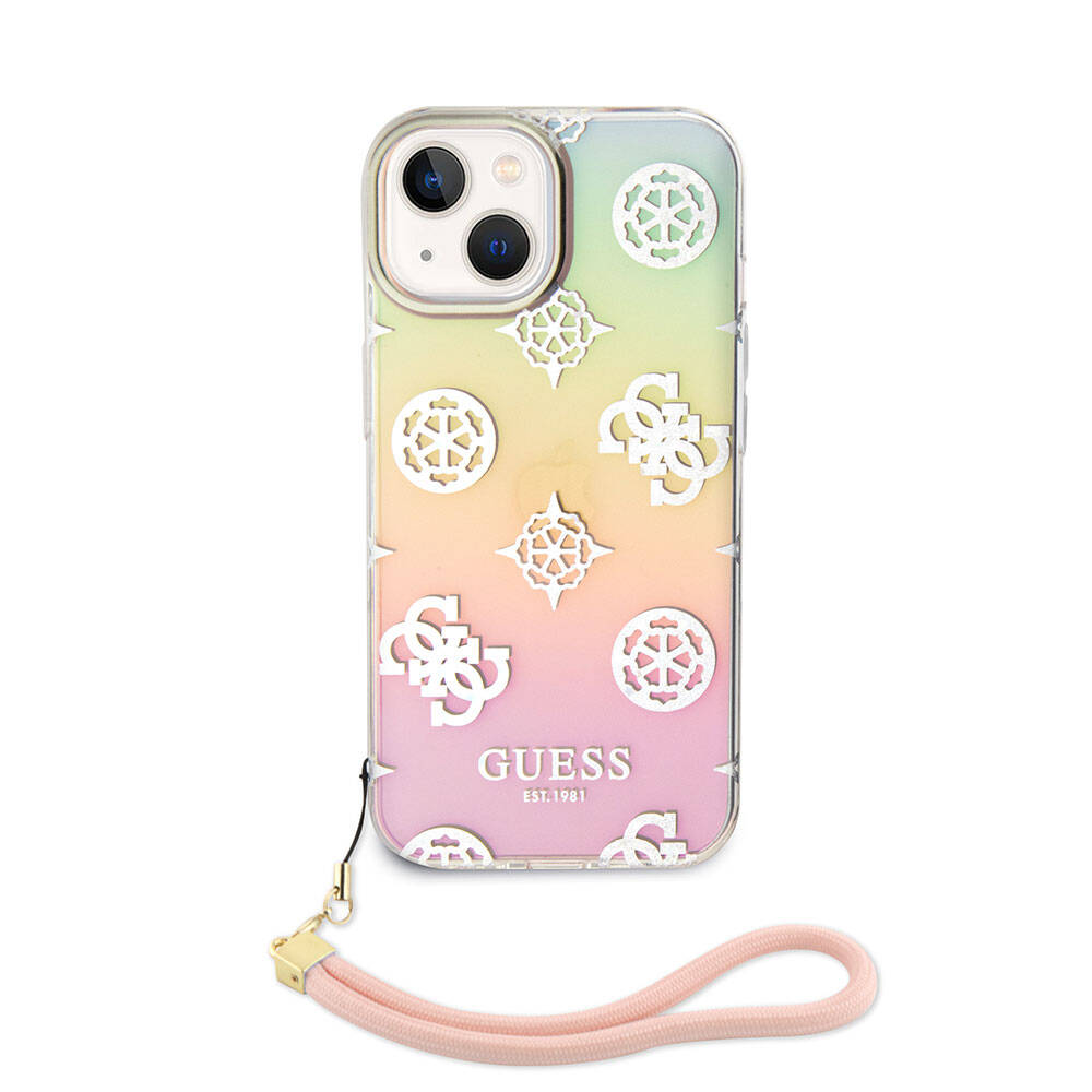 Apple iPhone 15 Plus Uyumlu Kılıf Guess Orjinal Lisanslı Desenli Yazı Logolu Askı İpli Holografik Glitter Peony Kapak - 12