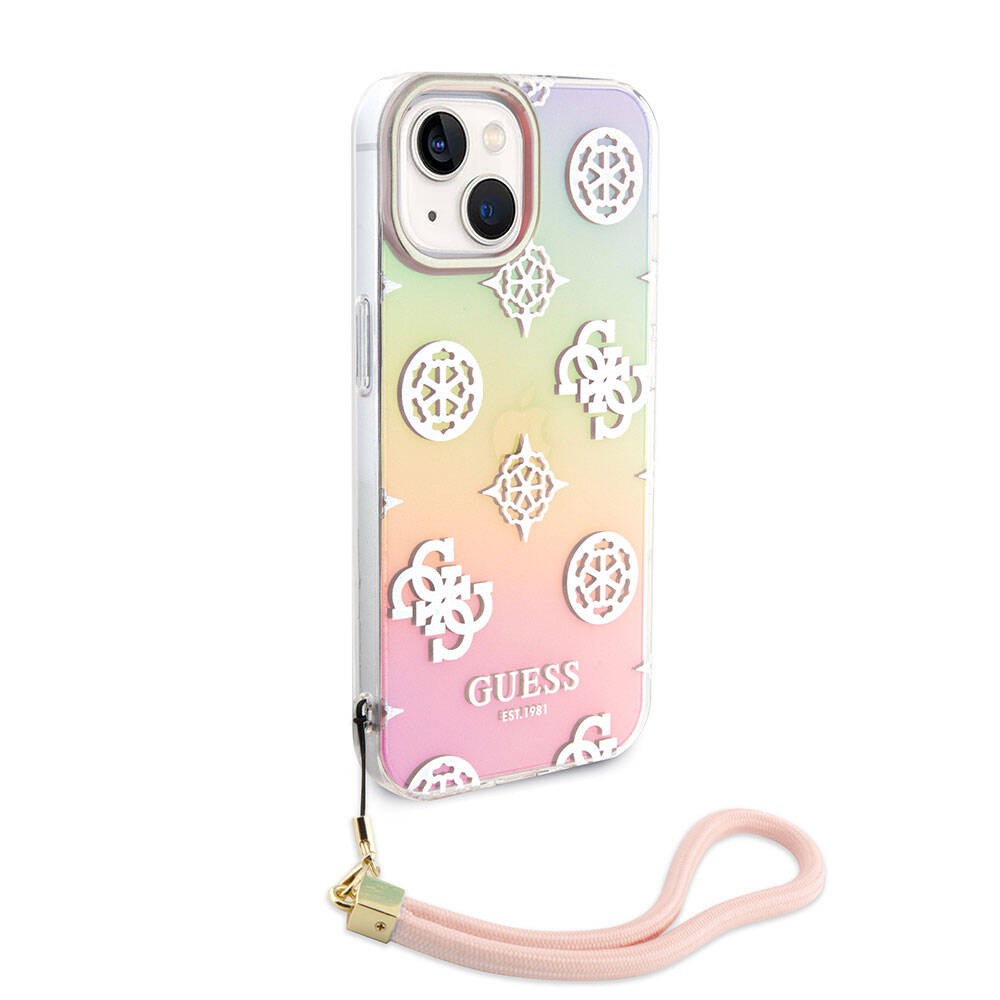 Apple iPhone 15 Plus Uyumlu Kılıf Guess Orjinal Lisanslı Desenli Yazı Logolu Askı İpli Holografik Glitter Peony Kapak - 13