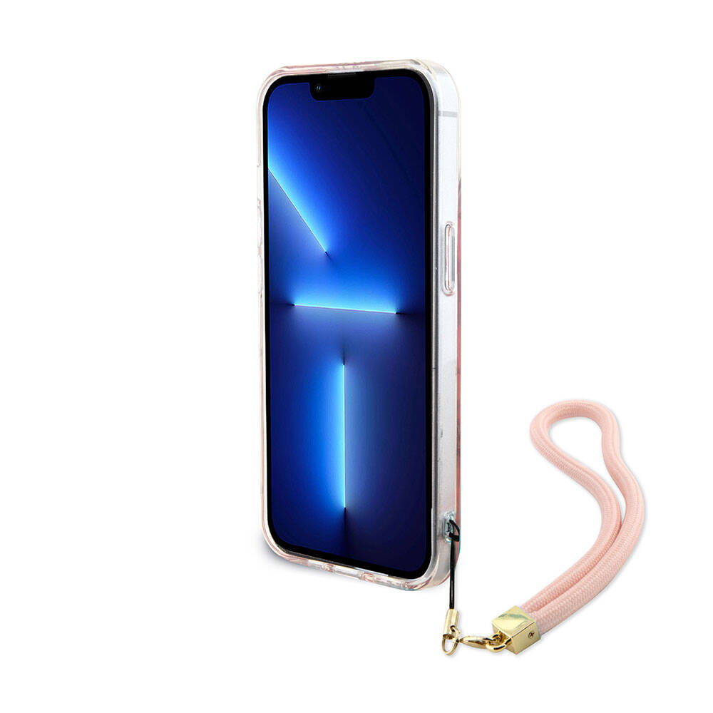Apple iPhone 15 Plus Uyumlu Kılıf Guess Orjinal Lisanslı Desenli Yazı Logolu Askı İpli Holografik Glitter Peony Kapak - 14