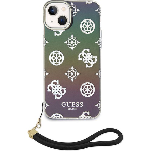 Apple iPhone 15 Plus Uyumlu Kılıf Guess Orjinal Lisanslı Desenli Yazı Logolu Askı İpli Holografik Glitter Peony Kapak