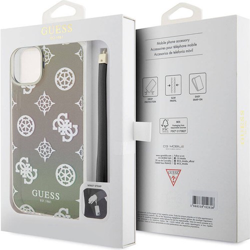 Apple iPhone 15 Plus Uyumlu Kılıf Guess Orjinal Lisanslı Desenli Yazı Logolu Askı İpli Holografik Glitter Peony Kapak