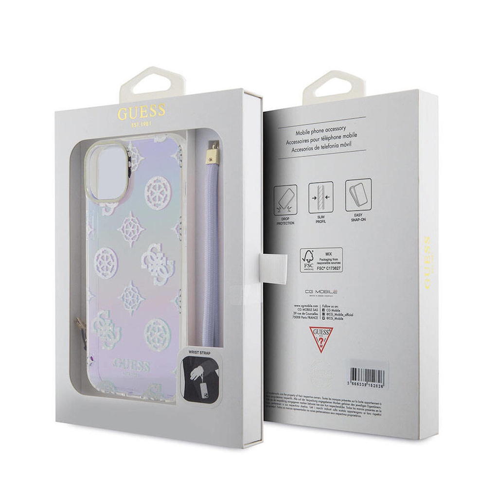 Apple iPhone 15 Plus Uyumlu Kılıf Guess Orjinal Lisanslı Desenli Yazı Logolu Askı İpli Holografik Glitter Peony Kapak