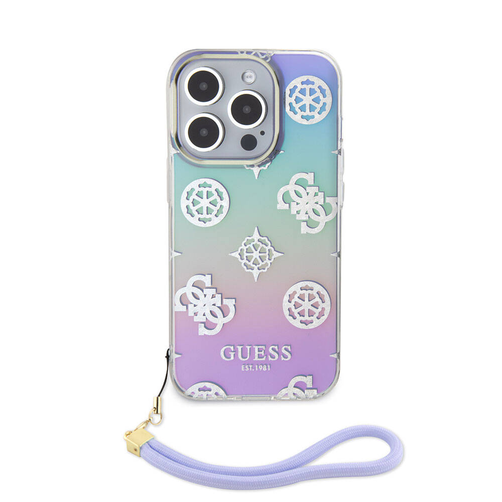 Apple iPhone 15 Pro Uyumlu Kılıf Guess Orjinal Lisanslı Desenli Yazı Logolu Askı İpli Holografik Glitter Peony Kapak - 12