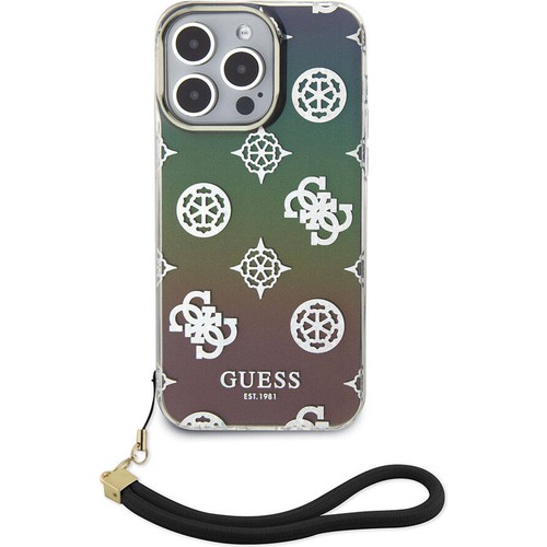 Apple iPhone 15 Pro Uyumlu Kılıf Guess Orjinal Lisanslı Desenli Yazı Logolu Askı İpli Holografik Glitter Peony Kapak