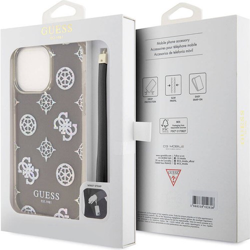 Apple iPhone 15 Pro Uyumlu Kılıf Guess Orjinal Lisanslı Desenli Yazı Logolu Askı İpli Holografik Glitter Peony Kapak
