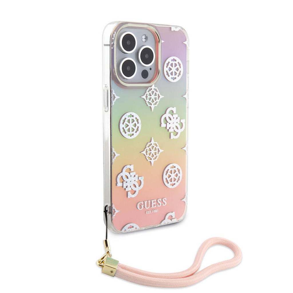 Apple iPhone 15 Pro Uyumlu Kılıf Guess Orjinal Lisanslı Desenli Yazı Logolu Askı İpli Holografik Glitter Peony Kapak