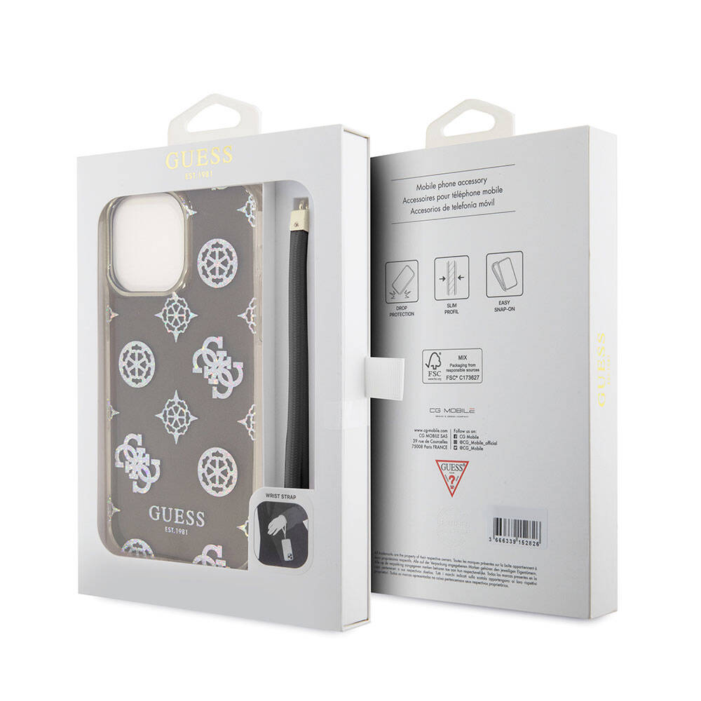 Apple iPhone 15 Pro Max Uyumlu Kılıf Guess Orjinal Lisanslı Desenli Yazı Logolu Askı İpli Holografik Glitter Peony Kapak - 5