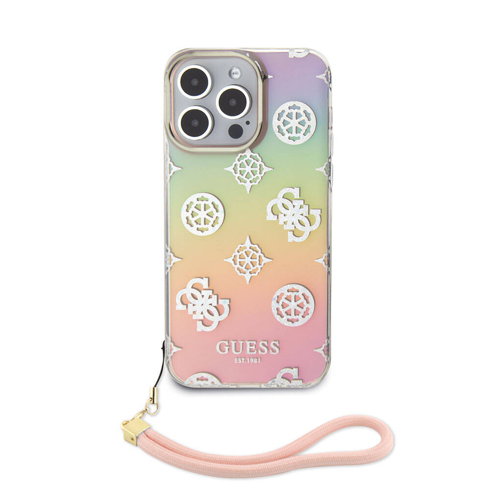 Apple iPhone 15 Pro Max Uyumlu Kılıf Guess Orjinal Lisanslı Desenli Yazı Logolu Askı İpli Holografik Glitter Peony Kapak - 6