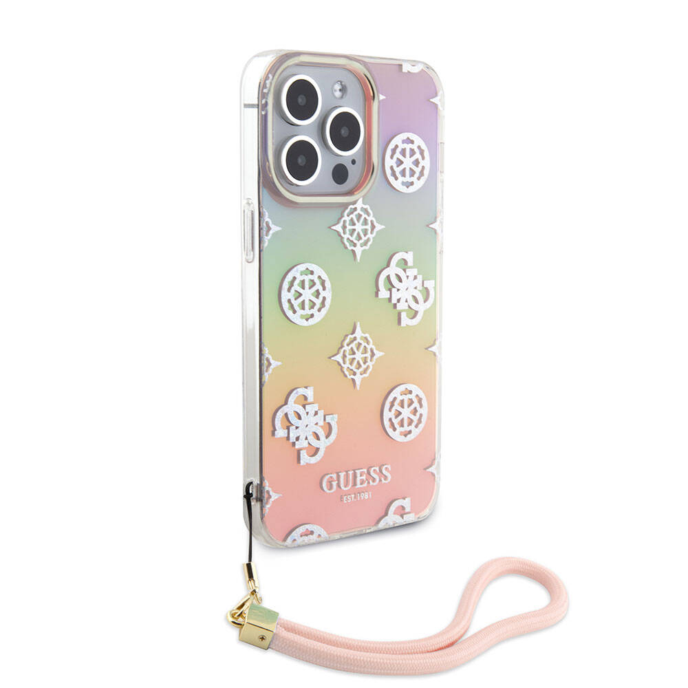 Apple iPhone 15 Pro Max Uyumlu Kılıf Guess Orjinal Lisanslı Desenli Yazı Logolu Askı İpli Holografik Glitter Peony Kapak - 7