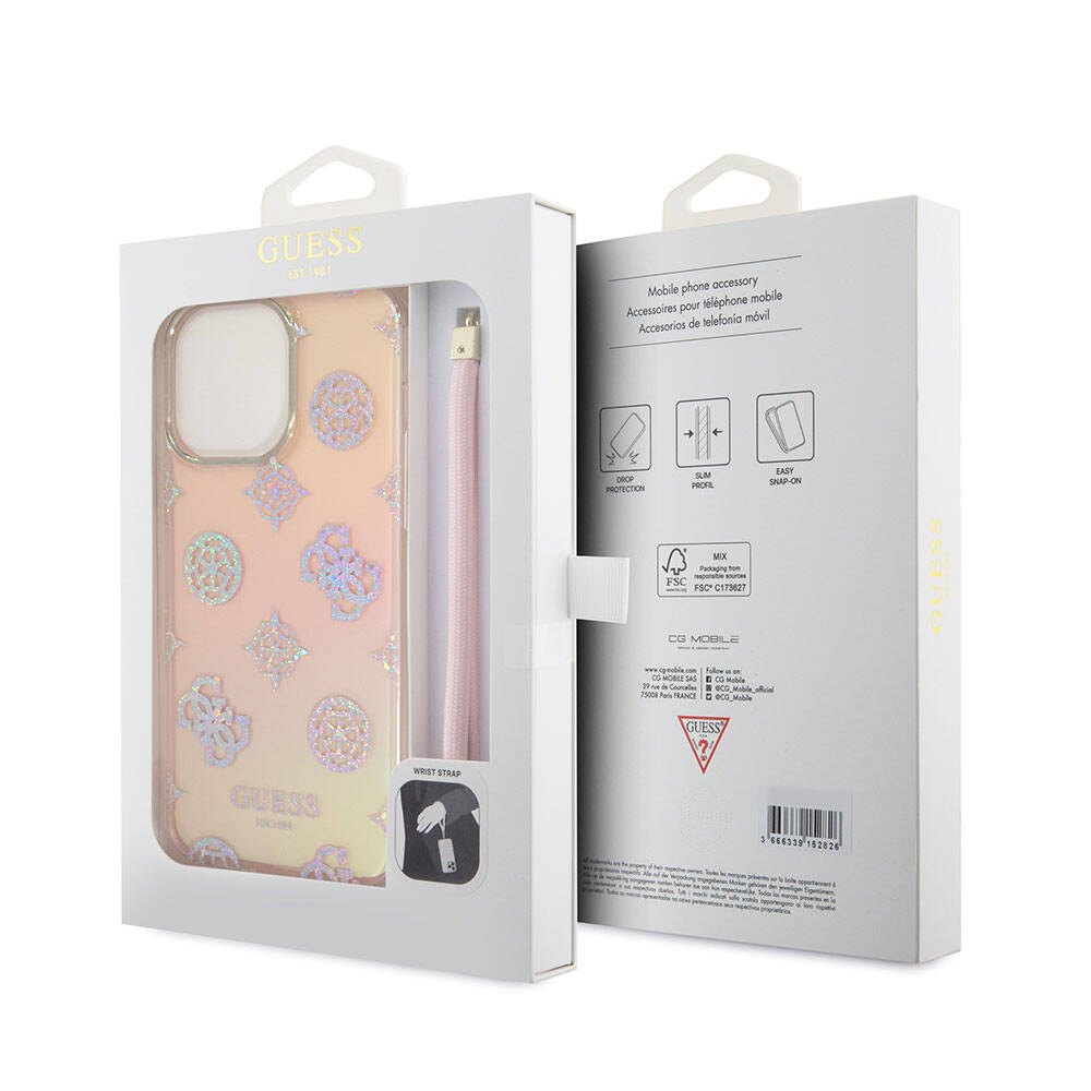 Apple iPhone 15 Pro Max Uyumlu Kılıf Guess Orjinal Lisanslı Desenli Yazı Logolu Askı İpli Holografik Glitter Peony Kapak - 11