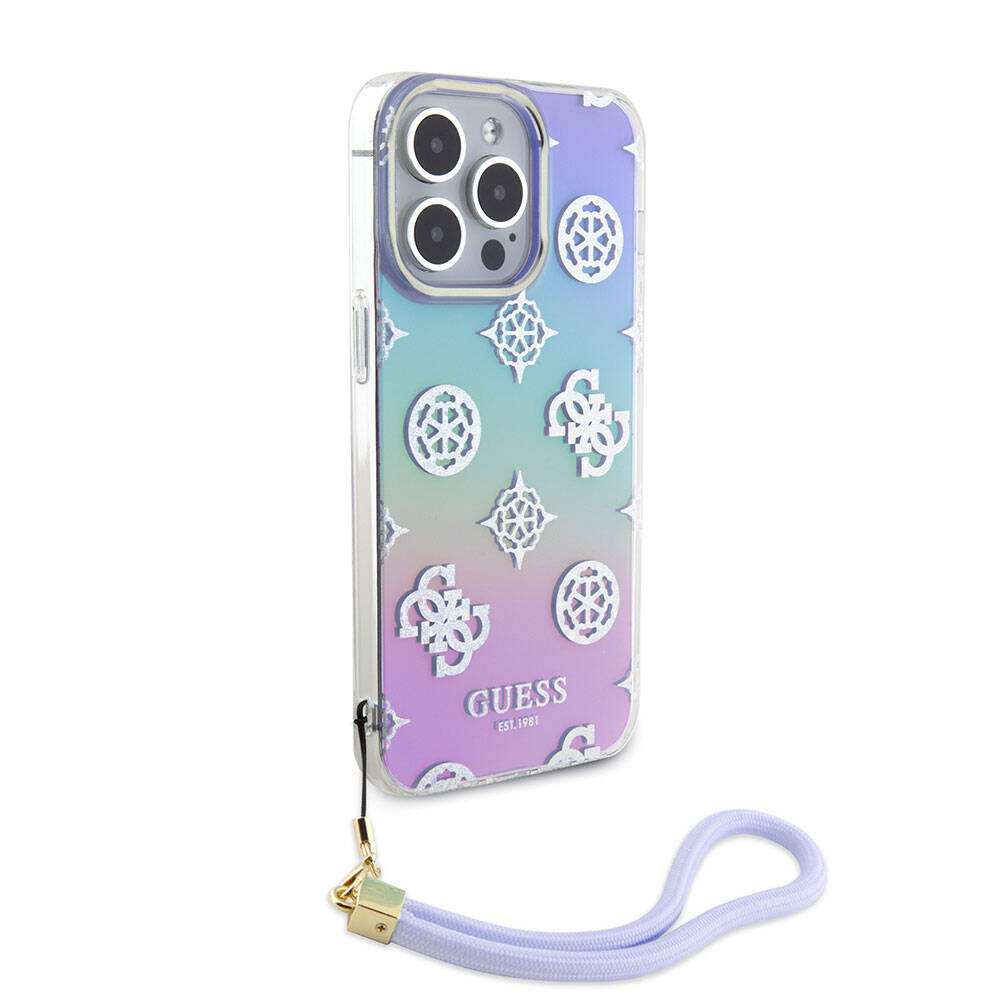 Apple iPhone 15 Pro Max Uyumlu Kılıf Guess Orjinal Lisanslı Desenli Yazı Logolu Askı İpli Holografik Glitter Peony Kapak - 13