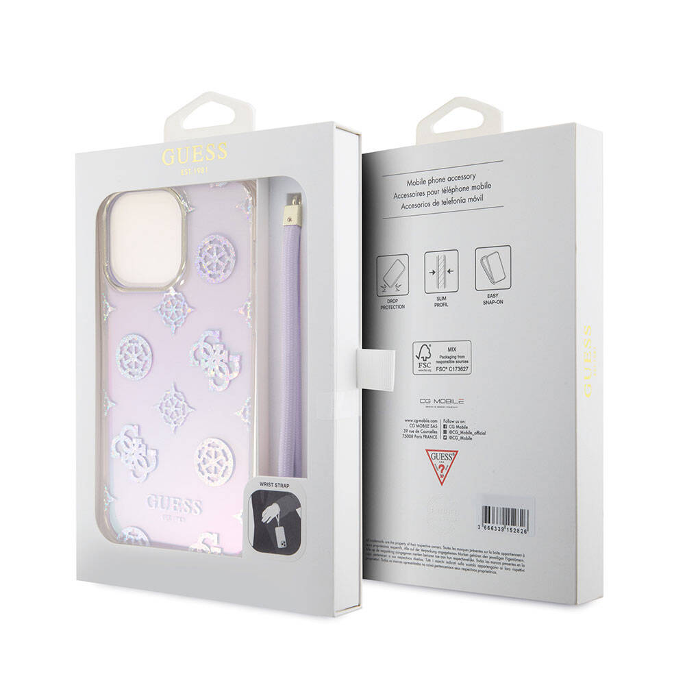 Apple iPhone 15 Pro Max Uyumlu Kılıf Guess Orjinal Lisanslı Desenli Yazı Logolu Askı İpli Holografik Glitter Peony Kapak - 17