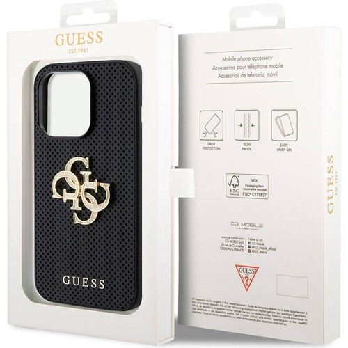 Apple iPhone 14 Pro Max Uyumlu Kılıf Guess Orjinal Lisanslı Delikli Yazı ve 4G Glitter Büyük Metal Logolu Kapak