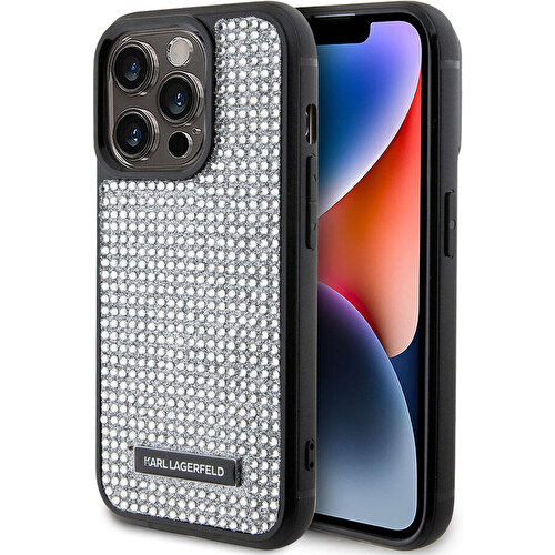 Apple iPhone 15 Pro Max Uyumlu Kılıf Karl Lagerfeld Taşlı Metal Logo Orjinal Lisanslı Kapak