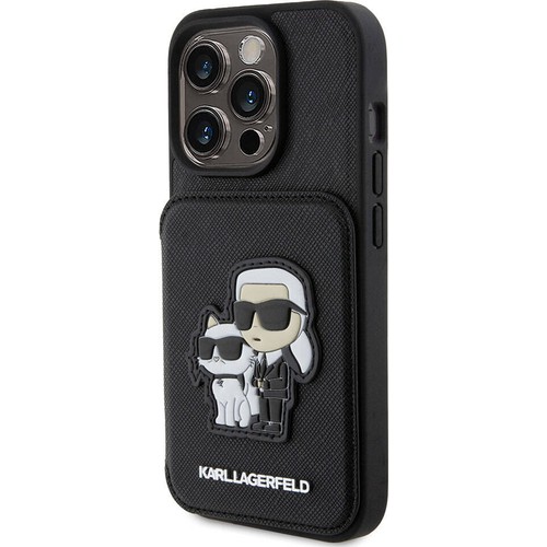 Apple iPhone 15 Pro Max Uyumlu Kılıf Karl Lagerfeld Standlı Kartlıklı Saffiano K&C Metal Logo Orjinal Lisanslı Kapak