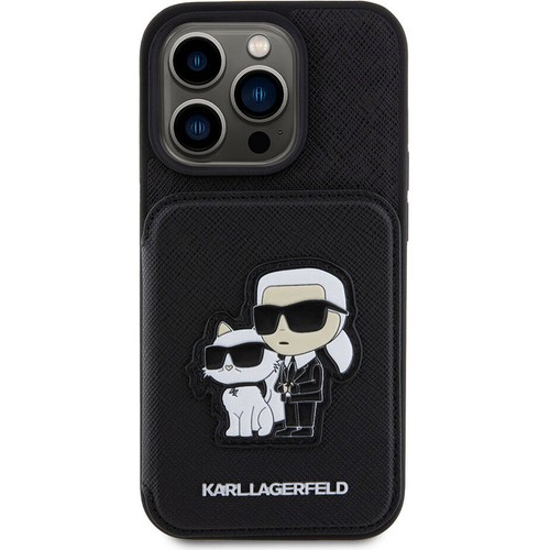 Apple iPhone 15 Pro Max Uyumlu Kılıf Karl Lagerfeld Standlı Kartlıklı Saffiano K&C Metal Logo Orjinal Lisanslı Kapak