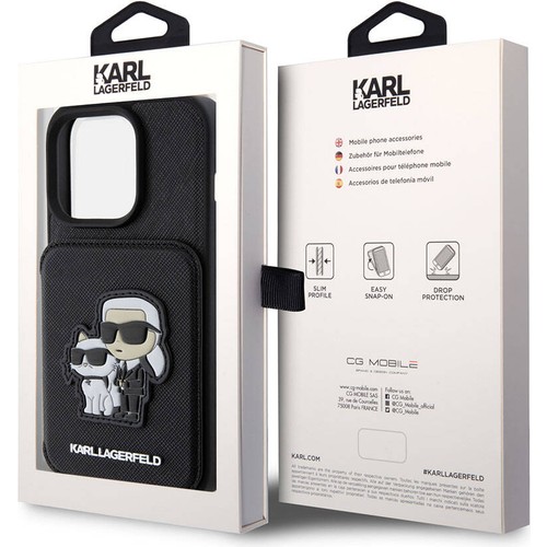 Apple iPhone 15 Pro Max Uyumlu Kılıf Karl Lagerfeld Standlı Kartlıklı Saffiano K&C Metal Logo Orjinal Lisanslı Kapak