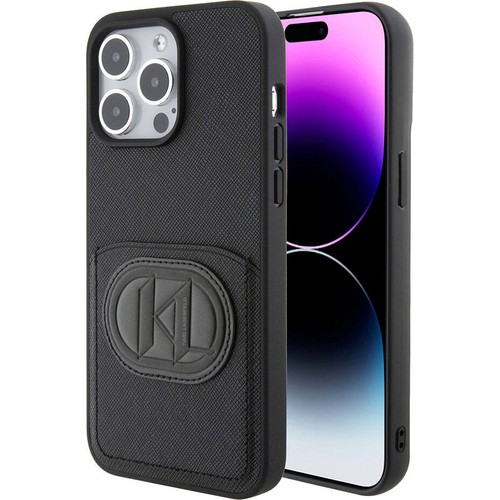 Apple iPhone 15 Pro Max Uyumlu Kılıf Karl Lagerfeld Kartlıklı Saffiano K&L Patch Orjinal Lisanslı Kapak