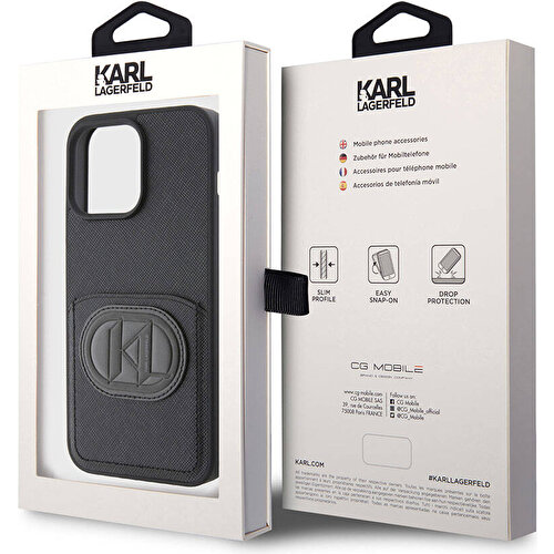 Apple iPhone 15 Pro Max Uyumlu Kılıf Karl Lagerfeld Kartlıklı Saffiano K&L Patch Orjinal Lisanslı Kapak