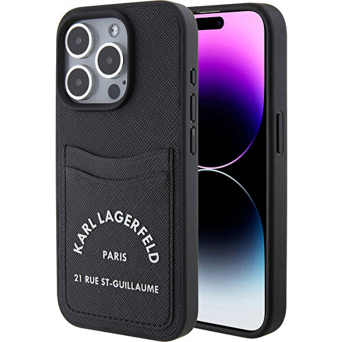 Apple iPhone 15 Pro Max Uyumlu Kılıf Karl Lagerfeld Kartlıklı Saffiano 3D RSG Logo Orjinal Lisanslı Kapak