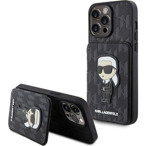 Apple iPhone 15 Pro Uyumlu Kılıf Karl Lagerfeld Standlı Kartlıklı Saffiano Monogram İkonik Metal Logo Orjinal Lisanslı Kapak