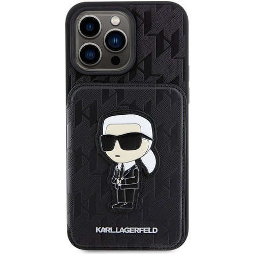 Apple iPhone 15 Pro Uyumlu Kılıf Karl Lagerfeld Standlı Kartlıklı Saffiano Monogram İkonik Metal Logo Orjinal Lisanslı Kapak