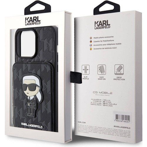 Apple iPhone 15 Pro Uyumlu Kılıf Karl Lagerfeld Standlı Kartlıklı Saffiano Monogram İkonik Metal Logo Orjinal Lisanslı Kapak