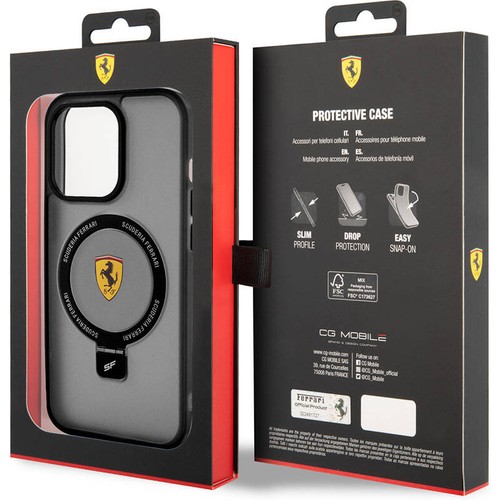 Apple iPhone 15 Pro Uyumlu Kılıf Ferrari Magsafe Şarj Özellikli Standlı Buzlu Yüzey Dizayn Kapak