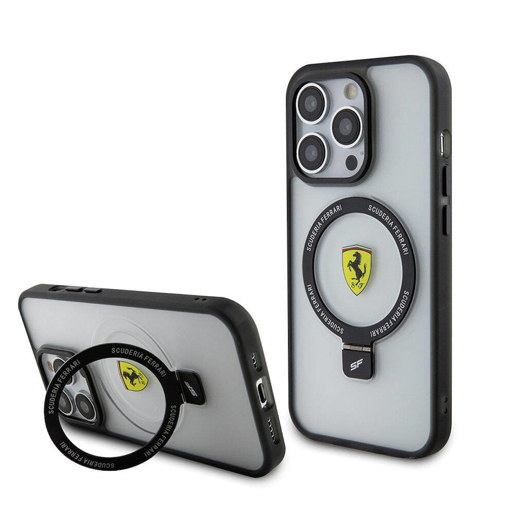 Apple iPhone 15 Pro Uyumlu Kılıf Ferrari Magsafe Şarj Özellikli Standlı Buzlu Yüzey Dizayn Kapak