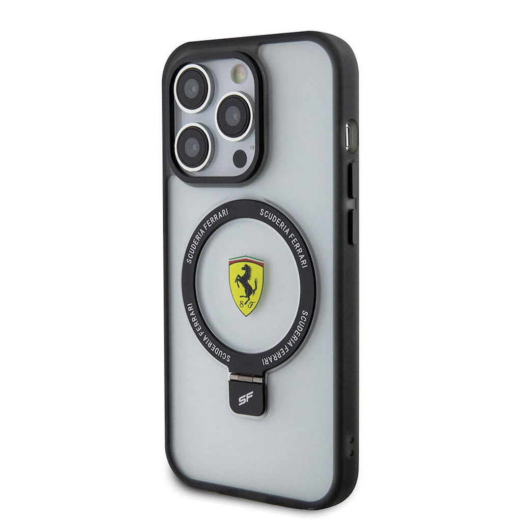 Apple iPhone 15 Pro Uyumlu Kılıf Ferrari Magsafe Şarj Özellikli Standlı Buzlu Yüzey Dizayn Kapak