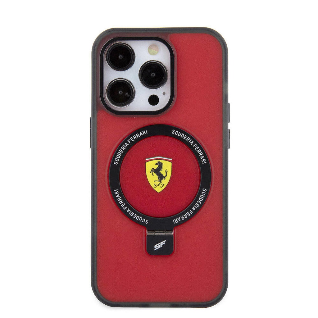 Apple iPhone 15 Pro Uyumlu Kılıf Ferrari Magsafe Şarj Özellikli Standlı Buzlu Yüzey Dizayn Kapak