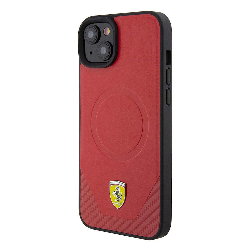 Apple iPhone 15 Plus Uyumlu Kılıf Ferrari Orjinal Lisanslı Magsafe Şarj Özellikli Metal Logolu PU Karbon Kapak