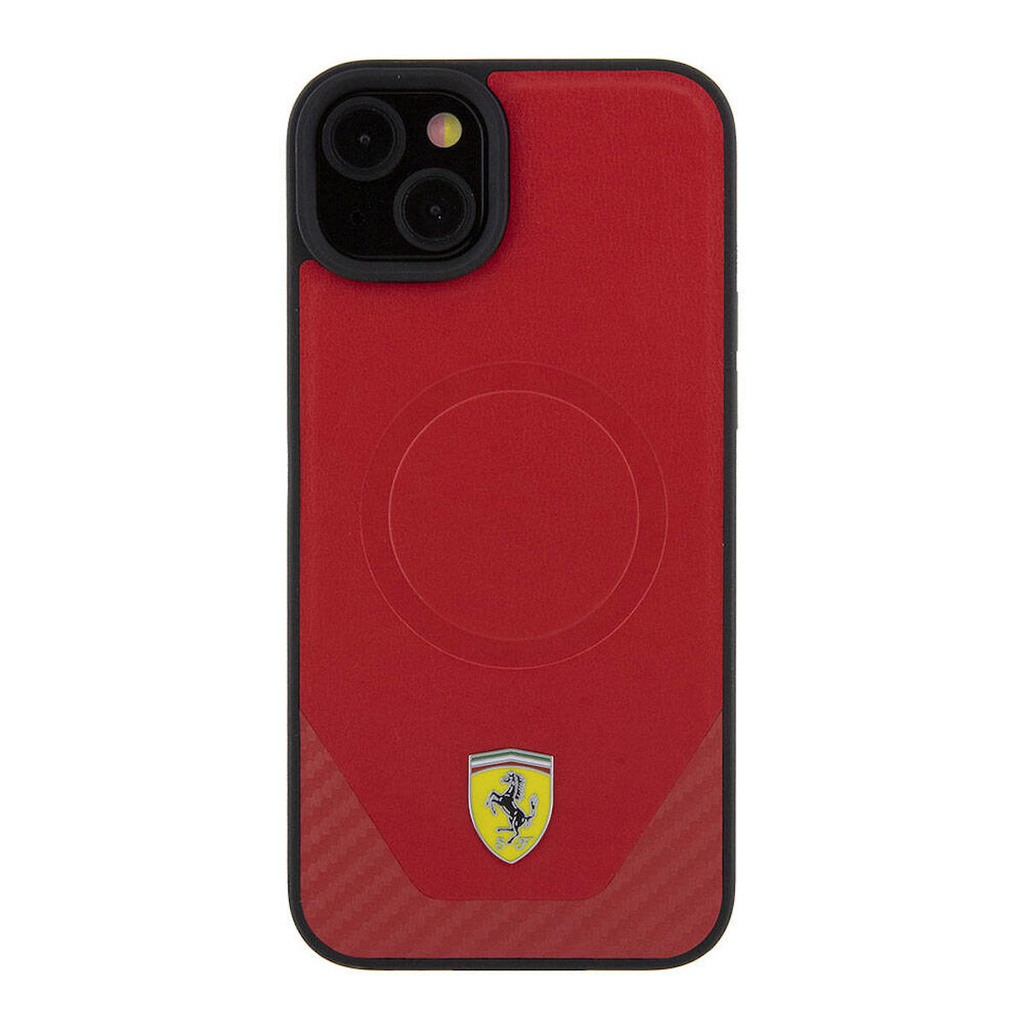 Apple iPhone 15 Plus Uyumlu Kılıf Ferrari Orjinal Lisanslı Magsafe Şarj Özellikli Metal Logolu PU Karbon Kapak