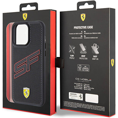 Apple iPhone 15 Pro Max Uyumlu Kılıf Ferrari Orjinal Lisanslı PU Delikli Arka Yüzey Metal Logolu Dikişli Büyük SF Yazılı Kapak