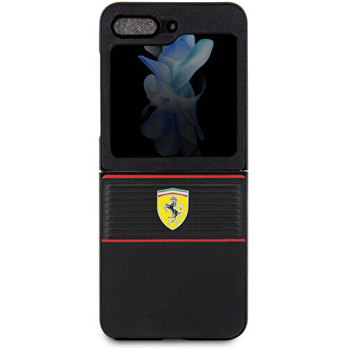 Samsung Galaxy Z Flip 5 Uyumlu Kılıf Ferrari Orjinal Lisanslı PU Deri Metal Logolu Multi Çizgili Kapak