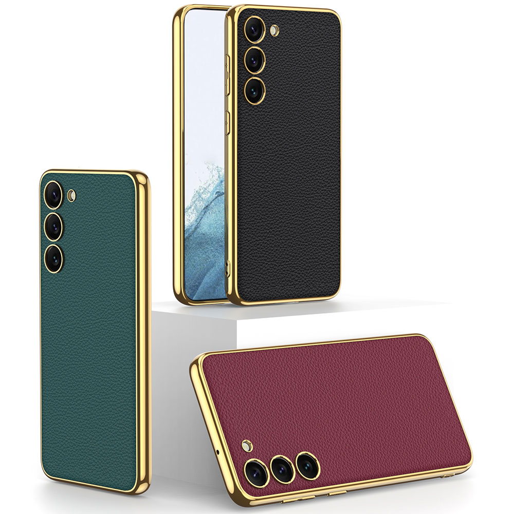 Samsung Galaxy S23 Uyumlu Kılıf Deri Görünümlü Kenarları Elektroplating Kaplama Zore Fizyon Kapak - 1