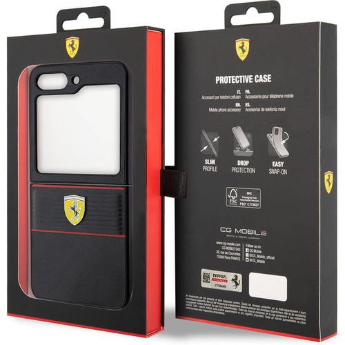 Samsung Galaxy Z Flip 5 Uyumlu Kılıf Ferrari Orjinal Lisanslı PU Deri Metal Logolu Multi Çizgili Kapak
