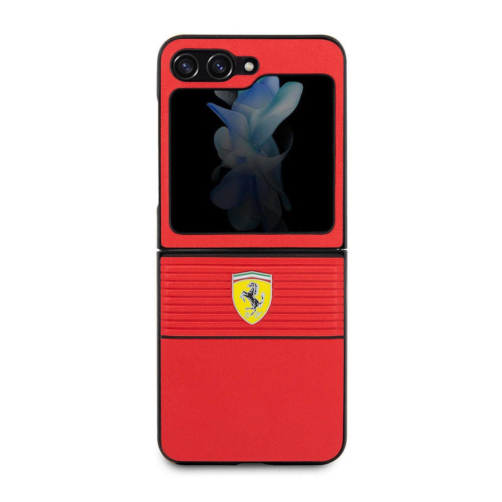 Samsung Galaxy Z Flip 5 Uyumlu Kılıf Ferrari Orjinal Lisanslı PU Deri Metal Logolu Multi Çizgili Kapak