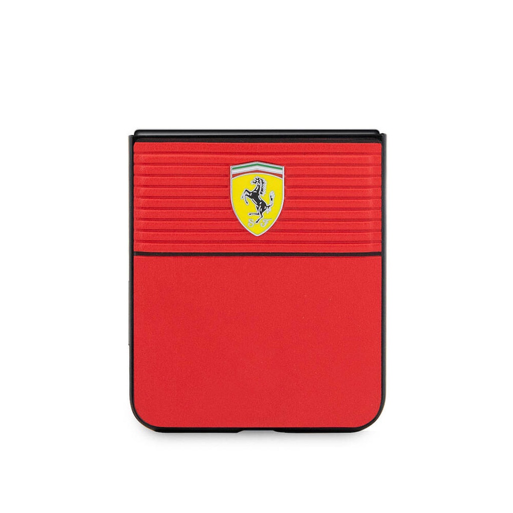 Samsung Galaxy Z Flip 5 Uyumlu Kılıf Ferrari Orjinal Lisanslı PU Deri Metal Logolu Multi Çizgili Kapak