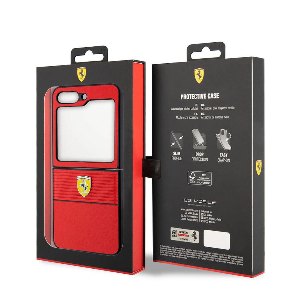 Samsung Galaxy Z Flip 5 Uyumlu Kılıf Ferrari Orjinal Lisanslı PU Deri Metal Logolu Multi Çizgili Kapak