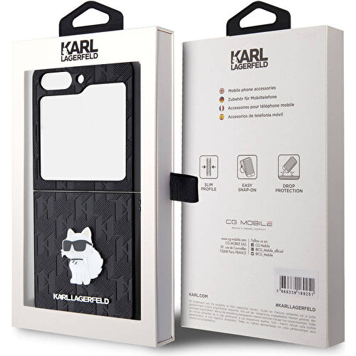 Samsung Galaxy Z Flip 5 Uyumlu Kılıf Karl Lagerfeld Orjinal Lisanslı KL Desenli Choupette İkonik Saffiano Kapak