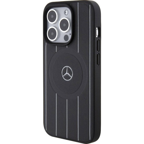 Apple iPhone 15 Pro Uyumlu Kılıf Mercedes Benz Orjinal Lisanslı Magsafe Şarj Özellikli Baskı Logolu Paralel Çizgi Desenli Deri Kapak