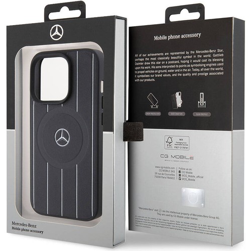 Apple iPhone 15 Pro Uyumlu Kılıf Mercedes Benz Orjinal Lisanslı Magsafe Şarj Özellikli Baskı Logolu Paralel Çizgi Desenli Deri Kapak