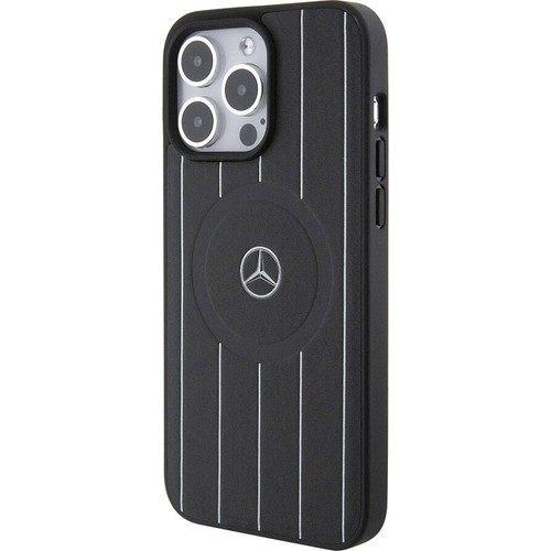 Apple iPhone 15 Pro Max Uyumlu Kılıf Mercedes Benz Orjinal Lisanslı Magsafe Şarj Özellikli Baskı Logolu Paralel Çizgi Desenli Deri Kapak