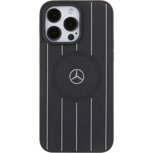 Apple iPhone 15 Pro Max Uyumlu Kılıf Mercedes Benz Orjinal Lisanslı Magsafe Şarj Özellikli Baskı Logolu Paralel Çizgi Desenli Deri Kapak