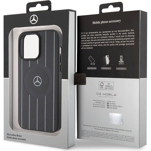Apple iPhone 15 Pro Max Uyumlu Kılıf Mercedes Benz Orjinal Lisanslı Magsafe Şarj Özellikli Baskı Logolu Paralel Çizgi Desenli Deri Kapak