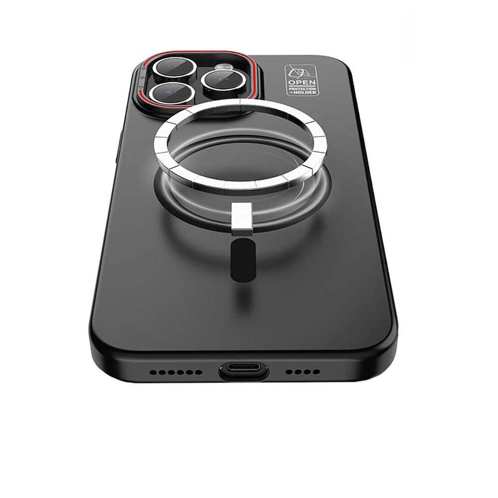 Apple iPhone 15 Pro Max Uyumlu Kılıf Magsafe Şarj Özellikli Standlı Metal Kamera Çerçeveli Mat Recci Glaze Serisi Kapak