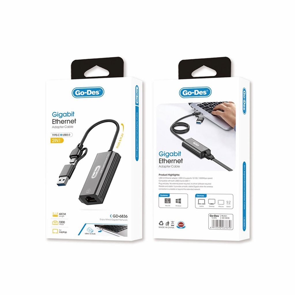 Go Des GD-6836 RJ45 to Type-C ve USB-A Gigabit Ethernet Dönüştürücü Kablo 1000Mbps 50cm - 2