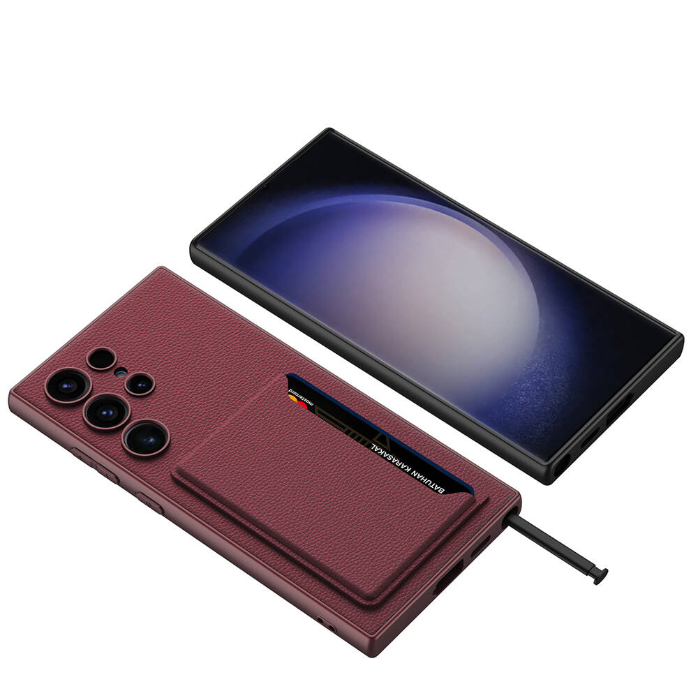 Samsung Galaxy S24 Ultra Uyumlu Suni Deri Arka Yüzey Sürgülü Kamera Korumalı Zore Kartlıklı Kıpta Silikon Kapak - 3